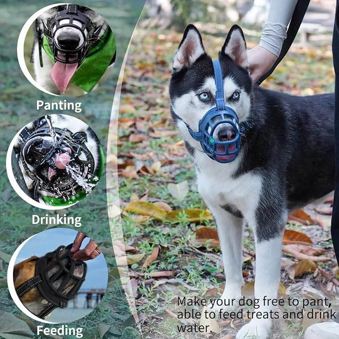 BARKLESS Dog Muzzle, Basket Muzzle for Small Medium Large Dogs, Soft Cage Mouth Cover for Biting Chewing, Allow Drinking Panting for German Shepherd Pitbull Rottweiler (1 (Snout 6-7½"), Blue)