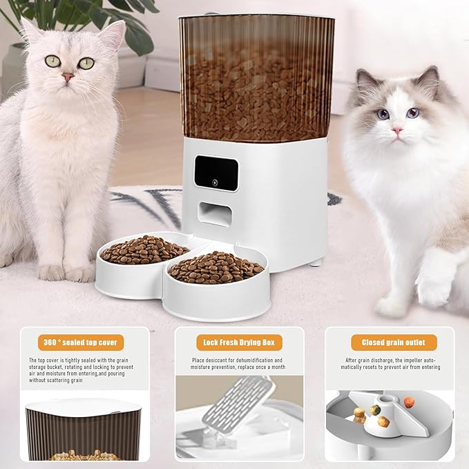 Automatic Cat Feeder with Dual Bowls, 5L Transparent Automatic Dog Feeder with WiFi App Remote Control, Cat Food Dispenser for 2 Cats, Timed Quantitative Battery and USB Power 1 Set