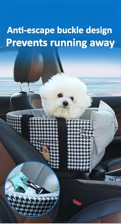 Center Console Dog Car Seat- Portable Pet Travel Bag with Safety Tethers and Removable Cooling Mat, Suitable for Small dags.