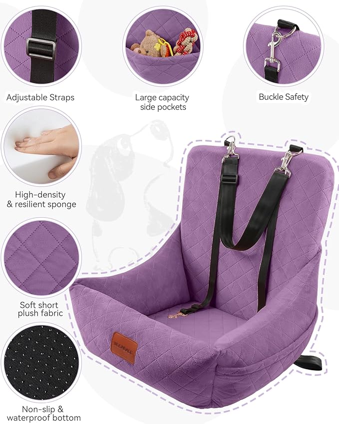 Dog Car Seat for Small Dogs Up to 25lbs,Soft Washable Fabric Fill in Memory Foam,Easy to Assemble with 2 Clip-On Safety Leashes and Storage Pockets,Front or Back Seat are Both OK(Purple)