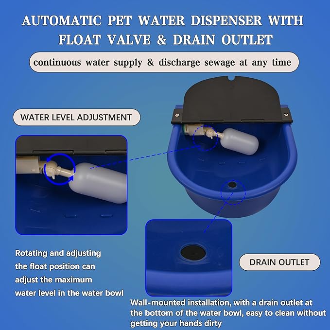 Automatic Water Dispenser for Dogs with Drain Hole & Drain Valve, 1 Gallon Auto Dog Water Bowl Outdoor with Float Valve, Hose Quick Connect Fitting, for Livestock, Chicken, Horse (Blue)