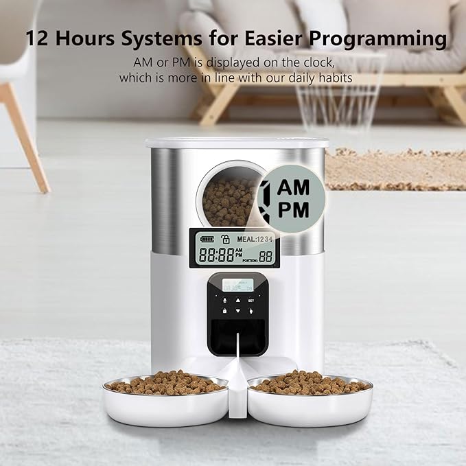Pet Feeder 5l Stainless Steel Feeder O Window Double Outlet Automatic Feeder Pet Dry Food Dispenser Suitable Compatible with Cats and Dogs Pets Supplies(White)