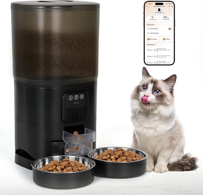 Automatic Cat Feeder with Camera, 7 Litre Dual Bowl Automatic Dog Feeder with HD Video and Night Vision, 2.4G WiFi ，SD Card Storage and Two-Way Audio