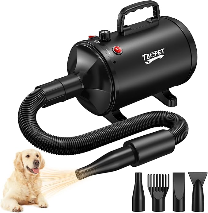 Dog Dryer High Velocity Dog Hair Dryer 5.2HP/3800W, Stepless Adjustable Speed Temperature Dogs Grooming Blow Dryer, Pet Dryer with 4 Nozzles,Blow Dryer for Dogs, Black