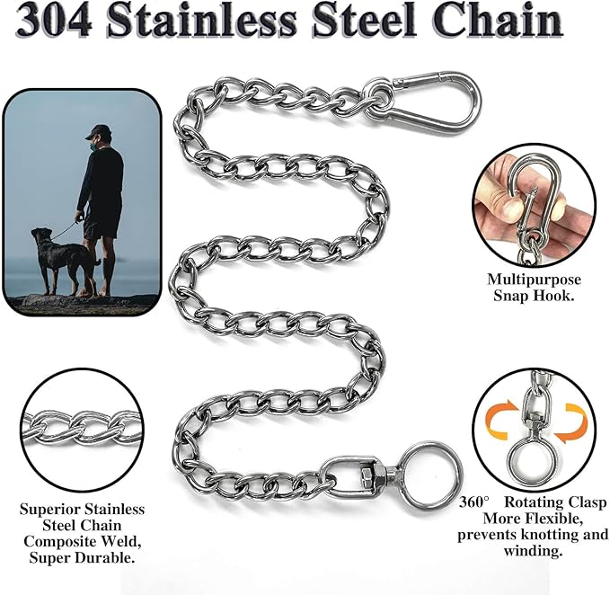 Dog Chain Leash 304 Stainless Steel - Heavy Duty Metal Short Lead with Extension & Coupler (20in x 2.5mm)