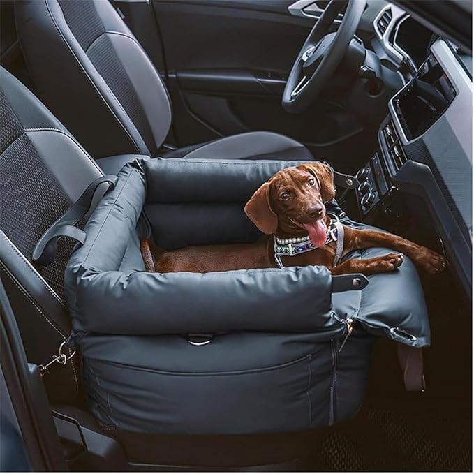 Deluxe Dog Car Seat for Small Dogs, Waterproof PU Leather Pet Booster Seat with Safety Tethers & Storage Pocket, Portable Travel Car Bed for Puppies & Small Pets up to 25lbs (Black)