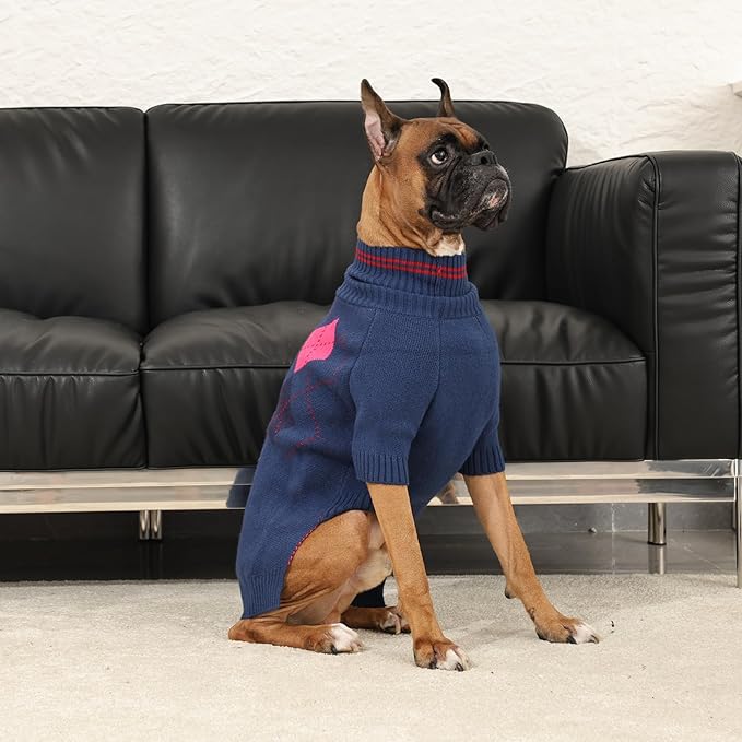Dog Sweater for Medium Large Dogs, Cold Weather Cable Knit Pullover, Thick Warm Turtleneck Winter Clothes for French Bulldog, Labrador, Golden Retriever, German Shepherd, Great Dane- Blue XXXL