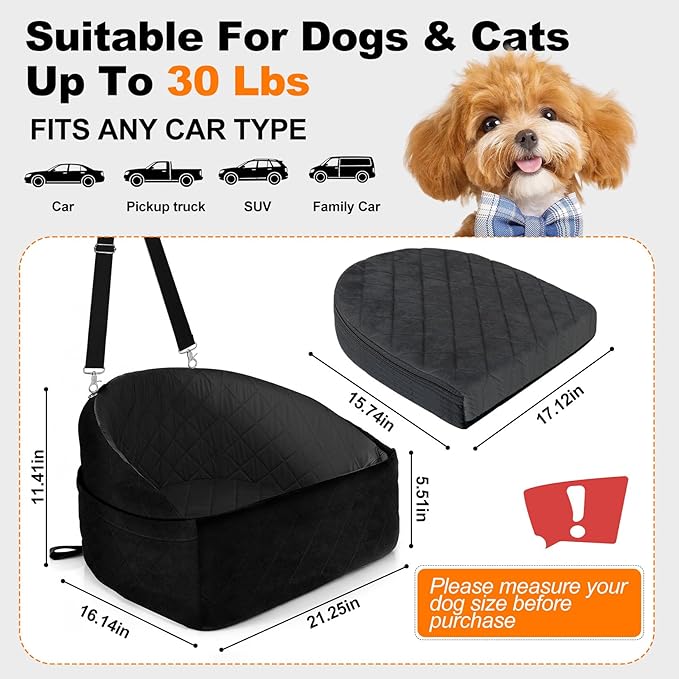 Small Dog Car Seat (Up to 30 lbs), Versatile Travel Bed Booster for Front or Back Seats, Removable and Machine Washable, Includes 2 Storage Pockets - Black