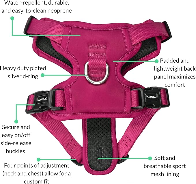DJANGO Tahoe No Pull Dog Harness – Escape-Proof Dog Harness for Small Dogs with Front & Back Clips for Everyday Use – Adjustable, Padded, Reflective, Secure Fit, Easy On/Off – Hibiscus Pink, Small