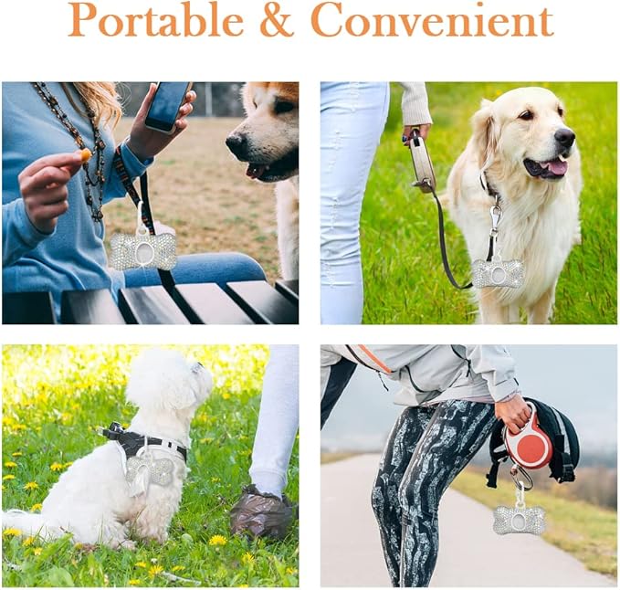 SAVORI Dog Poop Bag Holder Bling Crystal Dog Waste Bags Dispenser for Pet Dog Doggy with Carabiner Clip Includes 1 Roll 15 Bags (White)