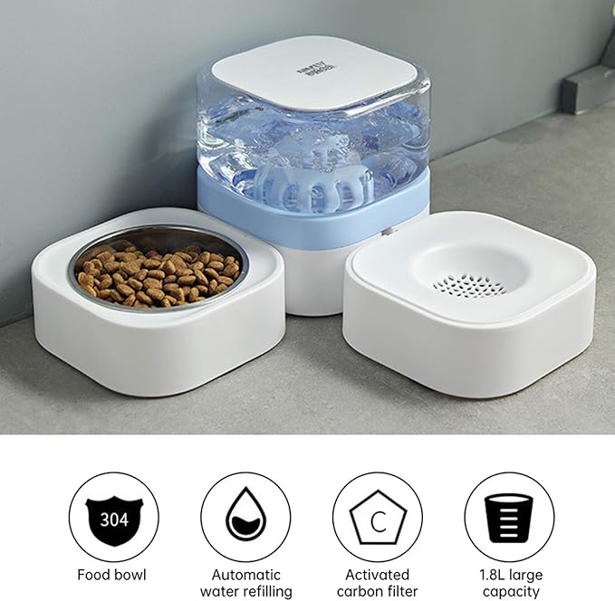 2 in 1 Pet Automatic Water Dispenser and Food Bowl Set, Durable & Detachable Stainless Steel Feeder Bowl,No-Spill Self-Dispensing Gravity Waterer for Small Dogs and Cats1.8L