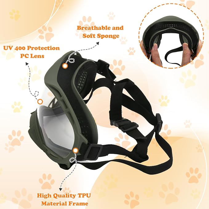 Dog Goggles for Large Dogs, UV Protection Dog Sunglasses, Adjustable Strap, Windproof、Dustproof、Anti-Fog Eye Protection Sunglasses for Large and Medium Dogs (Olive Green Frame)