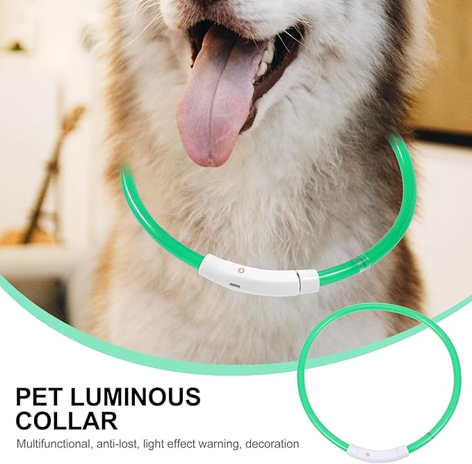Veemoon USB Rechargeable LED Pet Collar 70cm Green Luminous Fiber Optic Dog Collar for Night Walking Safety