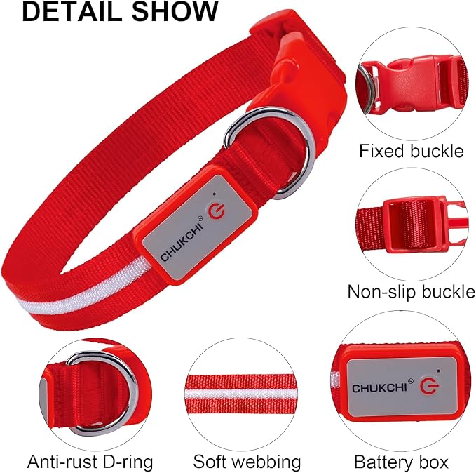 CHUKCHI LED Dog Collar Rechargeable,Waterproof Flashing Collar,Light Up Glow Collar, Adjustable Soft Safety Light Up for Small Medium Large Dogs Walking Camping at Night (Red-S)