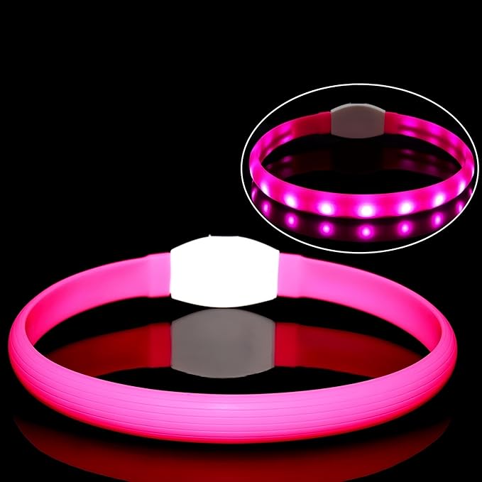 Rechargeable LED Dog Collar with Soft Silicone,Adjustable Glowing Safety Collar for Night Walks,3 Lighting Modes (Fast/Slow Flash/Steady),4 Colors (Red/Blue/Pink/Green),Fits Multiple Dog Sizes (Pink)