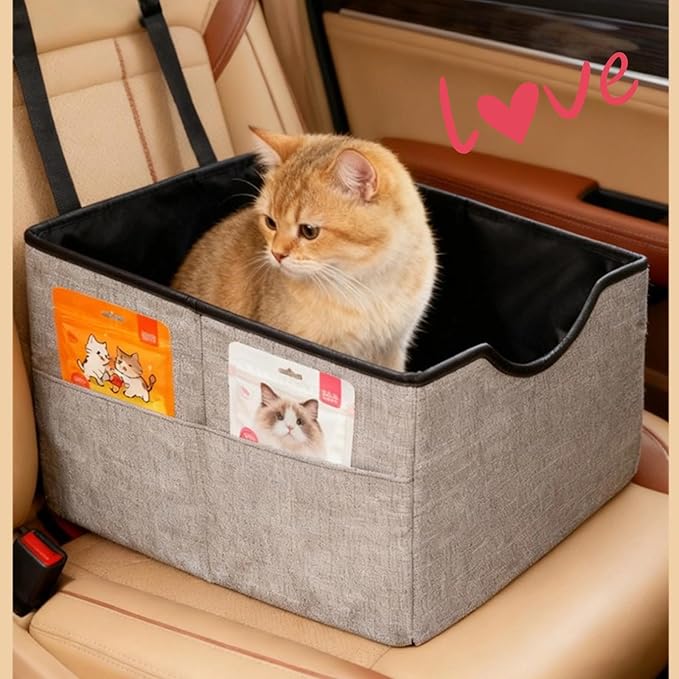 Portable Foldable Cat Dog Car Seat for Small Dogs Spacious Travel Bed with Clip-On Safety Leash Comfy Carseat with Storage Pockets Cat Puppy Car Travel Carrier Bed (Grey)