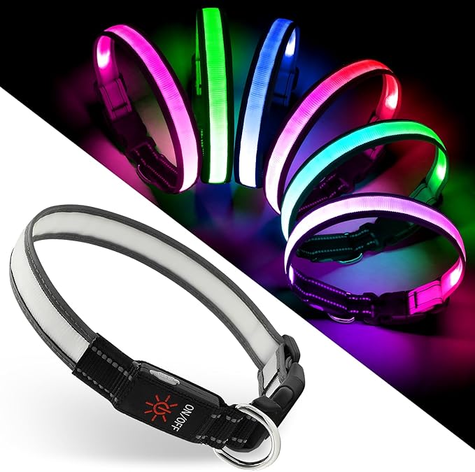Light Up Dog Collar, Multicolor LED Dog Collar with 7 Lighting Modes - USB-C Rechargeable, Real-Time Battery Indicator, Waterproof & Adjustable Glow Collar for Safe Night Walks (S)