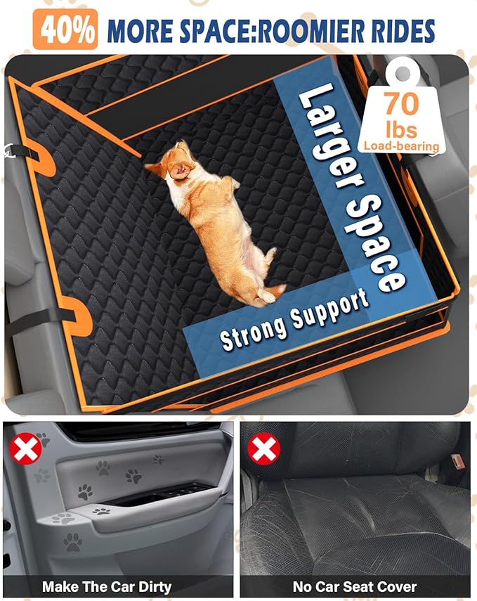 Toffos Dog Car Seat, Extra Stable Backseat Extender for Dogs with Hard Bottom, Waterproof and Foldable Design, Pet Car Seat with Breathable Mesh Window, Black