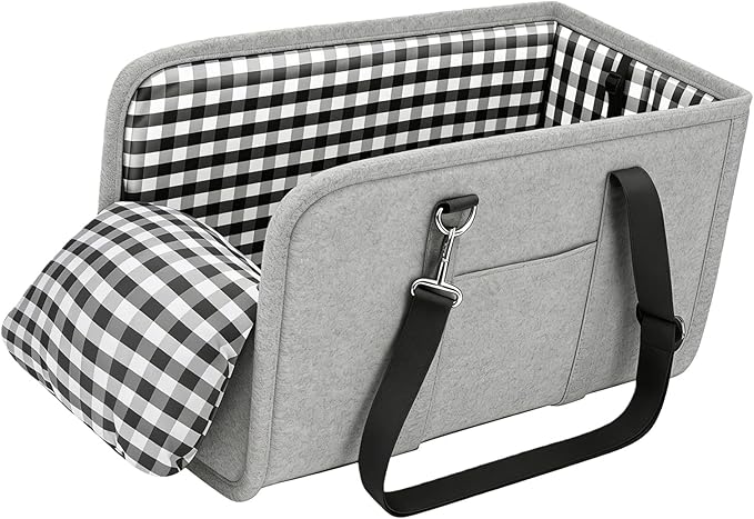 Center Console Dog Car Seat for Small Dogs Up to 11lbs Anti-Collapse Armrest Booster Seat with Headrest Stabilizing Straps Portable Pet Carrier Bag Travel Safety Kennel with Internal Tether (Grey)