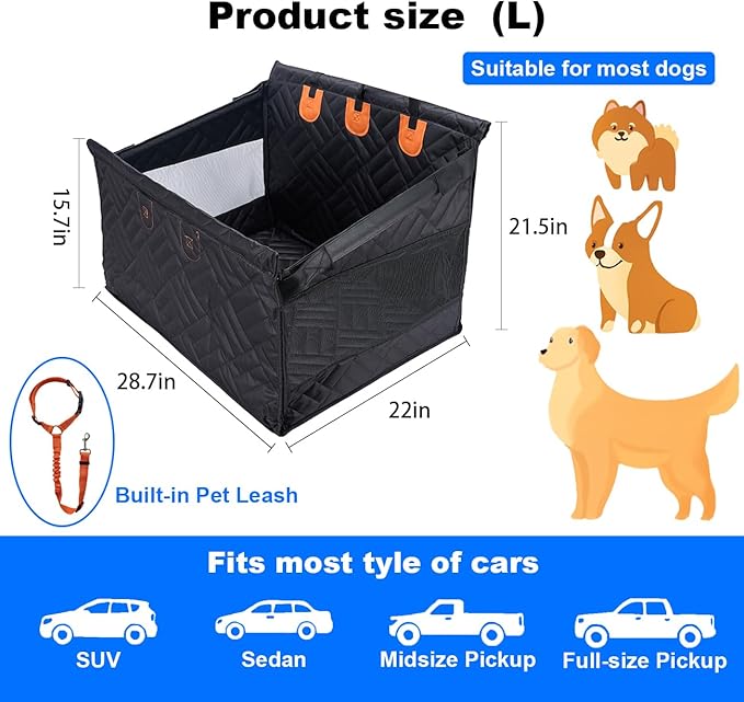Dog Car Seat for Small, Medium & Large Dogs and Cats – Pet Booster Seat with Breathable Mesh Sides, Portable Travel Car Seat for Dogs, Comfortable Cushion, Easy to Clean, Fits Cars SUVs Trucks