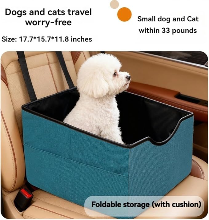 Portable Foldable Cat Dog Car Seat for Small Dogs Spacious Travel Bed with Clip-On Safety Leash Comfy Carseat with Storage Pockets Cat Puppy Car Travel Carrier Bed (Green)