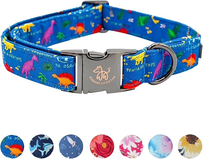Elegant little tail Dog Collar, Blue Dinosaurs Pattern Pet Collar Durable Cute Dog Collars Male or Female Pet Gift Adjustable Dog Collar for Large Dogs