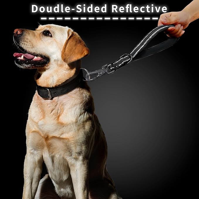 New 12'' Short Dog Leash, Reflective Nylon Padded Handle, Heavy Duty Strong Traffic Leash with Carabiner Clip, Perfect for Large or Medium Dogs (Black, 12 Inch)