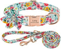 Rhinestone Personalized Dog Collar Leash Set Flower Printed Customized Pet Collar Puppy ID Collar for Small Medium Large Dogs Blue Collar Leash L