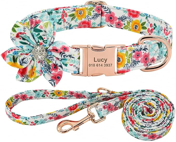 Rhinestone Personalized Dog Collar Leash Set Flower Printed Customized Pet Collar Puppy ID Collar for Small Medium Large Dogs Blue Collar Leash M