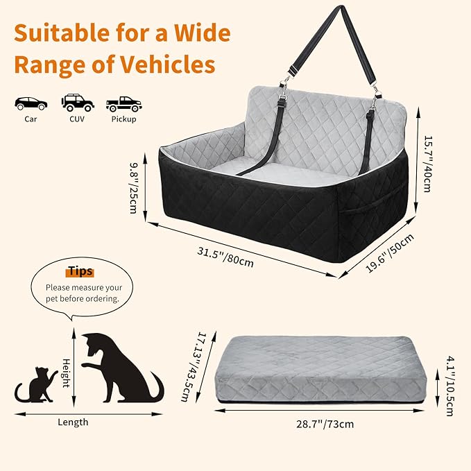 Dog Car Seat for Large Dogs Up to 55 lbs, Pet Booster Seat with Memory Foam, Non-Slip Washable Dog Car Bed with 2 Safety Leashes & Storage Pockets for SUV & Sedan