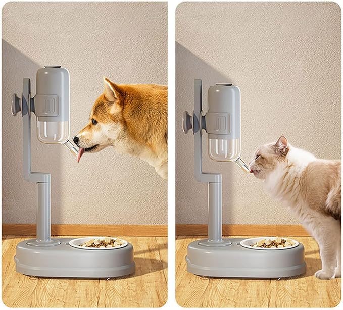 Pet Automatic Water and Food Dispenser Double Layer Feeder Bowl with No-Spill Design Integrated Hanging Bottle for Dogs Cats Puppies Small Animals Indoor Outdoor Use Non Wet Mouth Easy Fill (Grey)