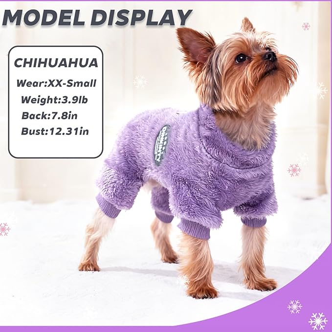 Small Dog Sweater Fleece Dog Pajamas Winter Warm Puppy Sweater Thermal Soft Puppy Pjs Coat Stretchy Jumpsuit Doggie Pet Clothes Outfits Cat Apparel (Purple, Small)