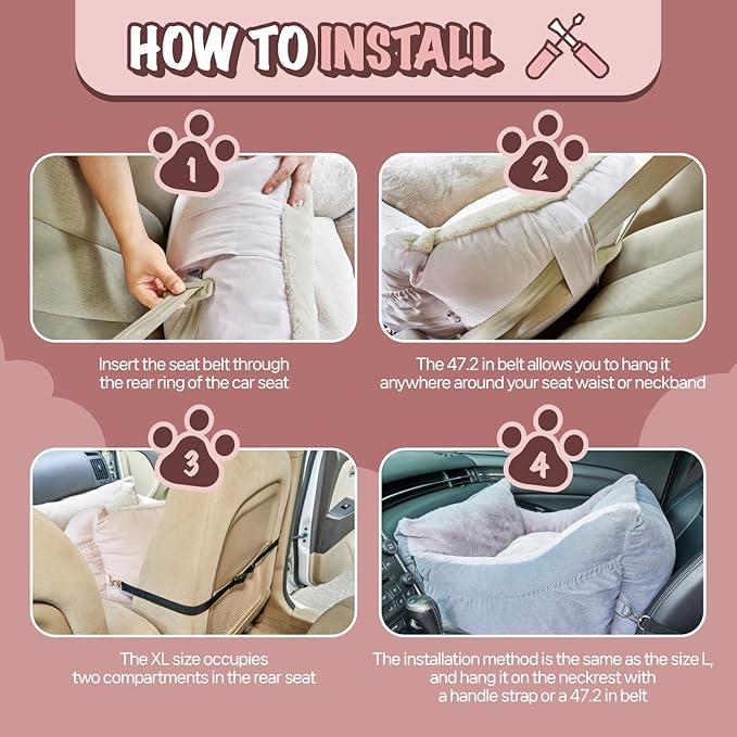 Dog Car Seat for Small Medium Large Dogs, Eco-Friendly Microfiber Velboa, Dog Booster for Under 45Lbs, Detachable and Washable Travel Seat with Thick Cushion (Pink Beige, L)