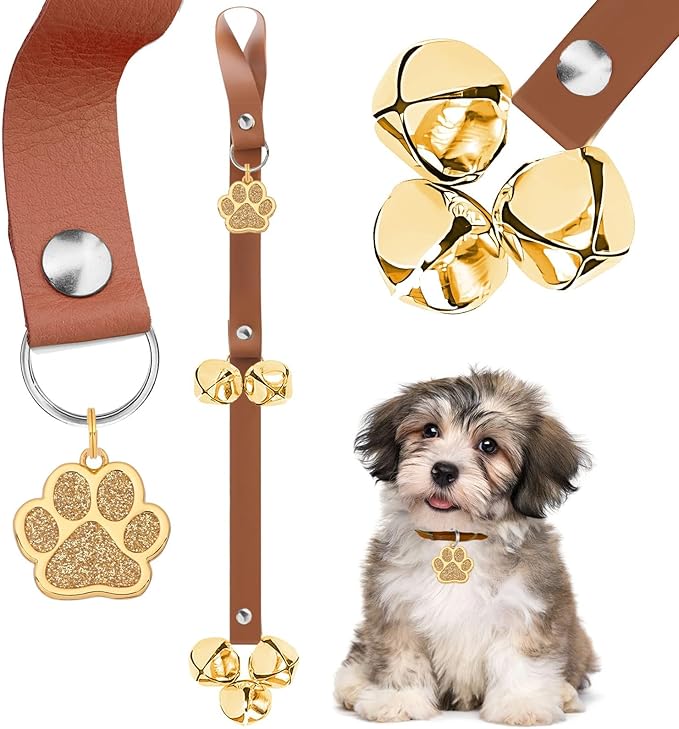 Leather Dog Bells, Puppy Potty Training Bell Dog Doorbell Potty Train Dog Bell for Potty Training Door Bells for Dogs to Ring to Go Outside Jingle Bells (Leather Brown, Paw 1 PCS)