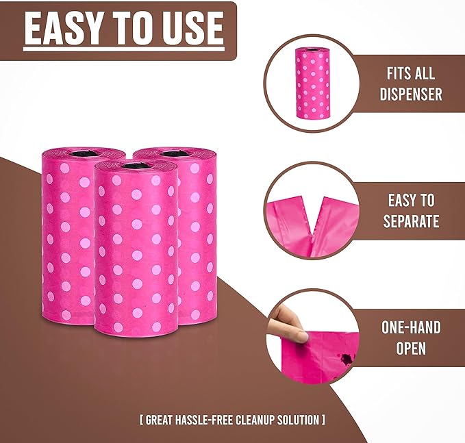 Parisian Pet Ecofriendly Dog Poop Bags Rolls - 160 Count Unscented Poop Bags For Dogs - Leakproof, Extra Thick, 8 Dog Waste Bags Refill Rolls - Polka Dot Pink Doggie Poop Bags - Fits All Dispenser