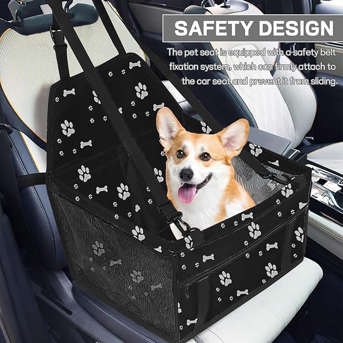 Wuyaoyao Pet Car Seat, Waterproof Breathable Oxford Cat Dog Car Booster Seat for Small Pets, Foldable Portable Vehicle Puppy Travel Basket with Seatbelt & Support Rod, for Pet Up to 22 lbs (Black)