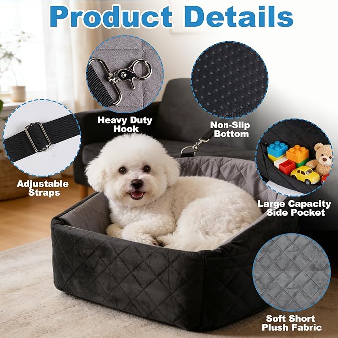 Dog Car Seat for Small & Medium Dogs up to 35 lbs, Pet Booster Seat with Removable Washable Cover, Soft Plush, Safety Leash, Non-Slip Bottom