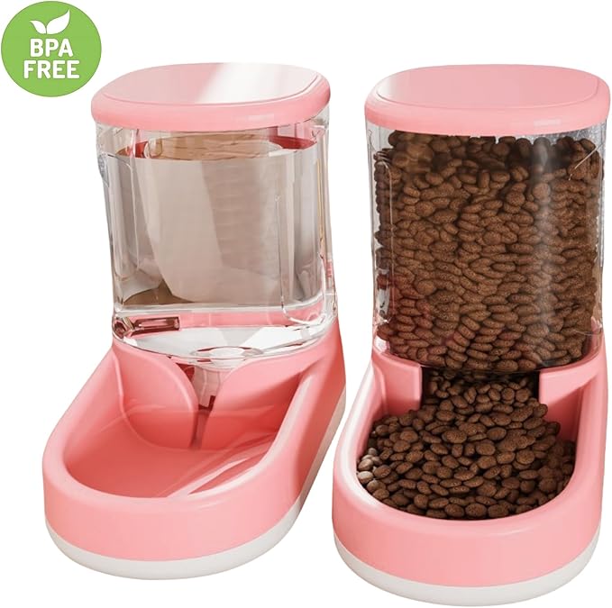 Gravity Pet Feeder & Water Dispenser Set (2Pcs), 1 Gallon Large Capacity Auto-Fill Top Fill Dog Cat Bowl, Fully Transparent Food Container with 6° Tilted Base for Healthy Feeding (Pink)