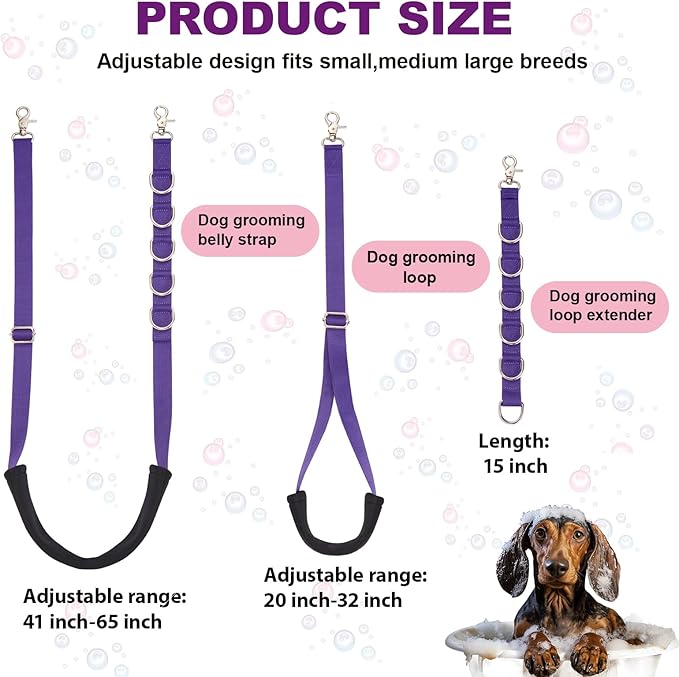 Dog Grooming Belly Strap - 3PCS Grooming Restraint Set Adjustable Belly Band Loops Strap with Padded Support & Loop Extension Straps Pet Grooming Harness Kit for Dogs (Voilet)
