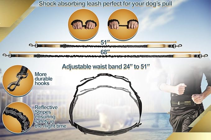 SparklyPets Hands Free Dog Leash for Medium and Large Breeds – Professional Harness with Reflective Stitches for Training, Walking, Jogging and Running Your Pet (Premium Gold Champagne, for 1 Dog)
