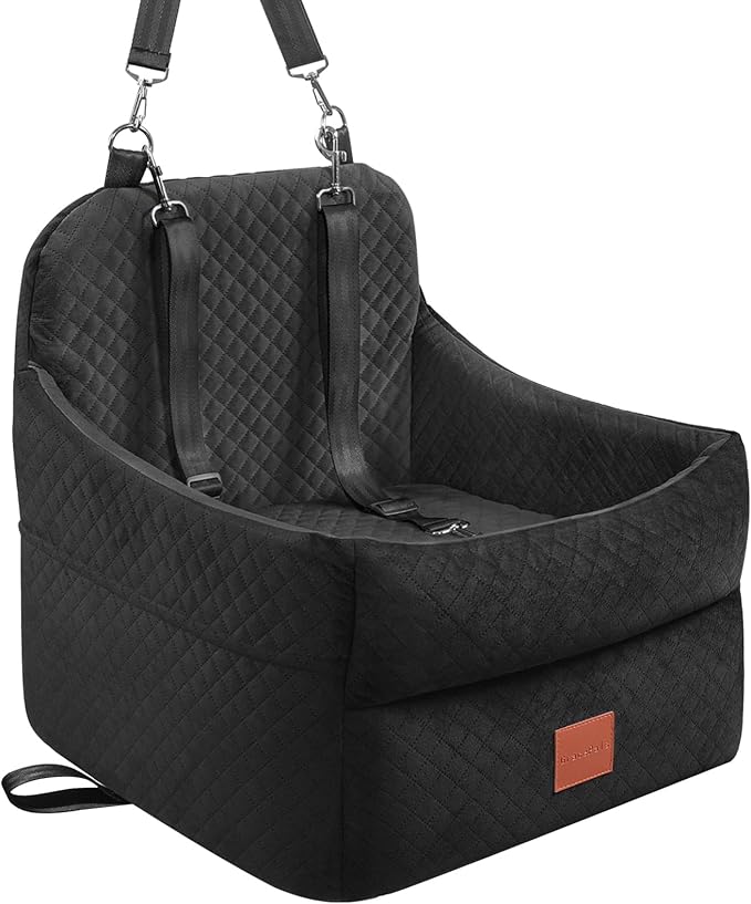 Dog Car Seat for Small/Medium Dogs Under 35lbs, Memory Foam Dog Booster Seats with Washable Removable Cover, Travel Portable Pet Car Seat with 2 Safety Belts and Storage Pockets (Black, Medium)