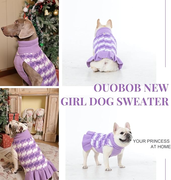 Dog Sweaters for Extra Large Dogs Girl, Dog Sweater Dress with Leash Hole, Thick Turtleneck Knitwear for Female Dogs, Warm Fall Winter Dress for Cold Weather, Holiday - Purple XXXXL