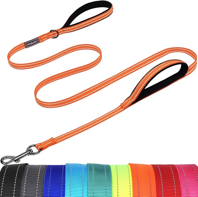 VIVAGLORY Twingrip Dog Leash, Double Handle Dog Leash for Training & Walking with Traffic Handle & 2 Loop, Traffic Control Reflective Heavy Duty for Puppy Pet, 4ft x 1/2in, Orange