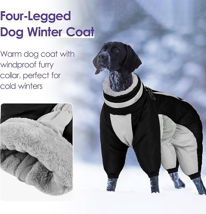 SUNFURA Full Body Dog Coat - Warm Fleece Jacket for Extra Large Dogs, Turtleneck Winter Coats with Harness, Reflective Dog Snowsuit Windproof Puffer Jackets with Legs for Great Dane, Black 3XL