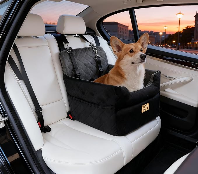 Pet Car Seat for Dogs & Cats - 20.4"×20.4"×19.5" - Supports Up to 35 lbs, Quilted Soft Fabric, Universal Fit for Most Cars/Trucks/SUVs, Secure & Comfortable Travel Cushion (Black)