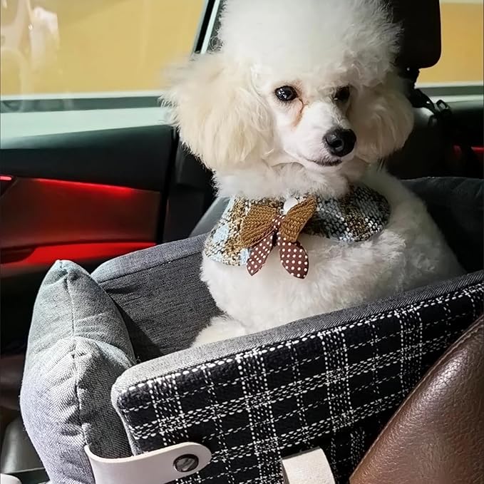 Pet Car Seat for Small Dogs & Cats, Large Space with Soft Cushion, Removable Design, Secure Straps, Fits Most Vehicles (Blue-Grey Plaid, 9.8 * 17.7 * 9.8 inches)