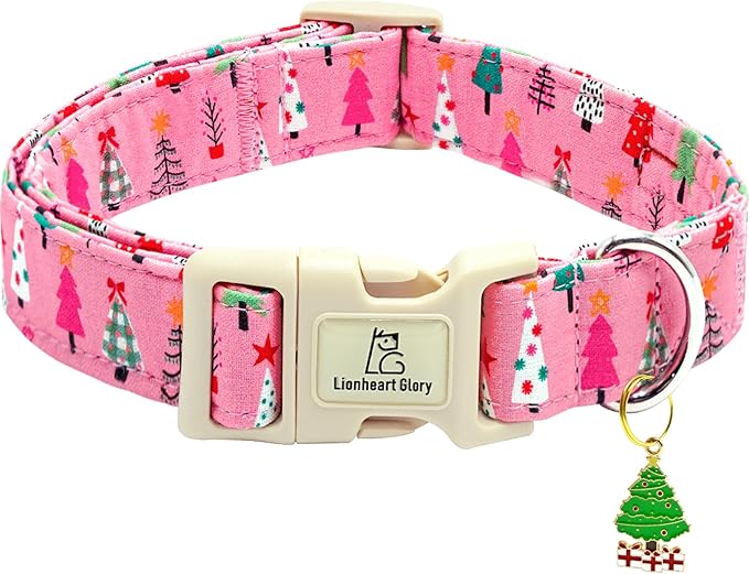 Lionheart glory Christmas Dog Collar, Pink Christmas Tree Fall Cute Dogs Collar Adjustable Soft Comfortable Collars for Large Dogs Girl or Boy Pet Gift