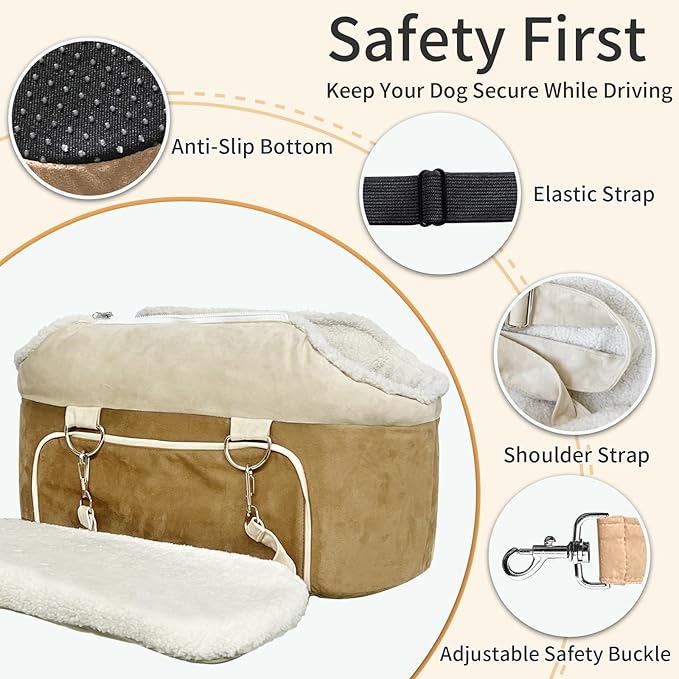 Console Dog Car Seat for Small Dogs – Portable Booster Seat with Safety Belt, Non-Slip Base, and Storage Pockets, Fits Dogs Up to 11lbs (Brown Frosted Velvet, Small)
