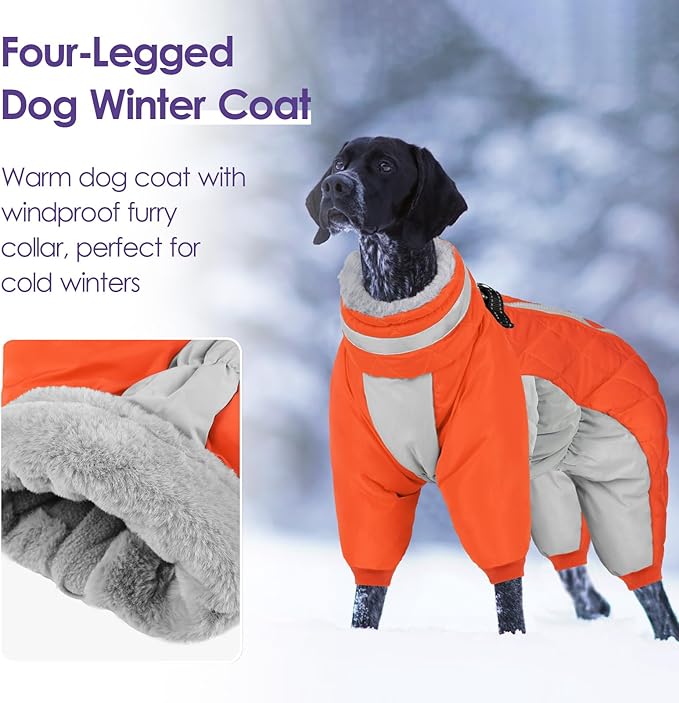 SUNFURA Full Body Dog Coat - Warm Fleece Jacket for Medium Dogs, Turtleneck Winter Coats with Harness, Reflective Dog Snowsuit Windproof Puffer Jackets with Legs for Boston Terrier, Orange M