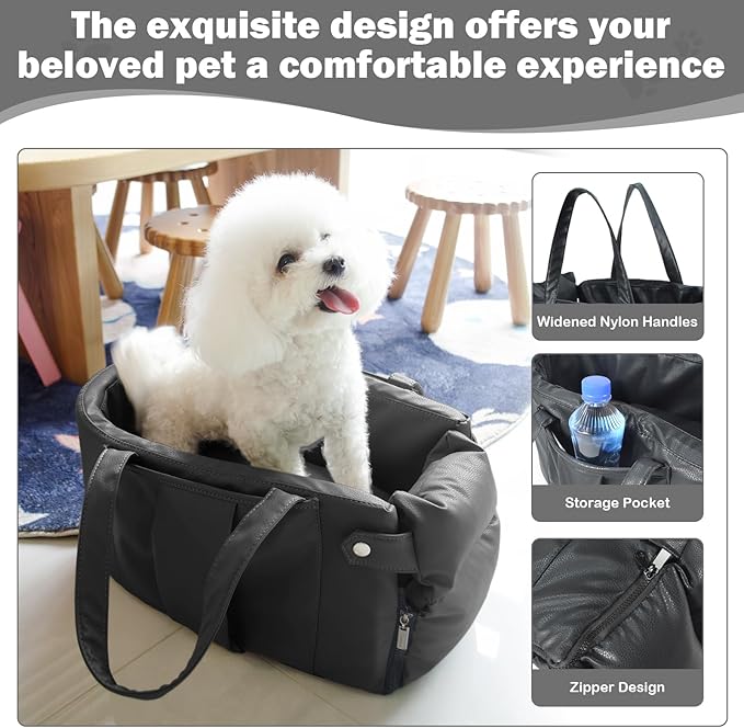 Portable Small Dog Seat for Car, Luxury Leather Center Console Dog Car Seat Booster with Safety Tethers, Anti-Collapse Pet Travel Carseat for SUV, Truck